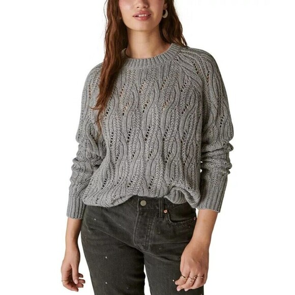 Lucky Brand Women's Shine Cable Knit Crewneck Sweater Medium Heather Gray Small - Picture 1 of 11
